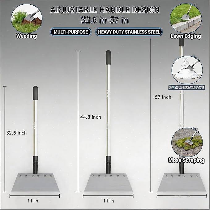 RISETEX Multifunctional Garden Flat Shovel，57" Heavy Duty Stainless Steel Cleaning Tool with Adjustable Handle for Weeding, Lawn Edging, Snow/Ice Removal & Digging, Durable Outdoor Spade & Scraper