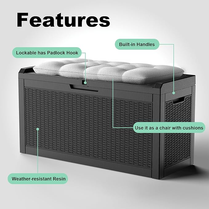 DRATO 70 Gallon Deck Boxes Outdoor Waterproof, Resin Large lockable Storage Box for Patio Furniture Side Table, Waterproof Storage Containers for Pool and Garden Accessories (70 Gallon, Black)