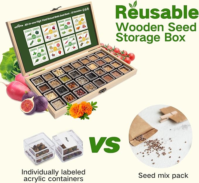 Lush&Dew Raised Garden Bed Heirloom Seed Bank, 32 Varieties 30,000+ Non-GMO Seeds for Planting Vegetables Herbs Fruits Year-Round, Gardening Gifts for Women Men, Survival Seed Kit for Food Supplies
