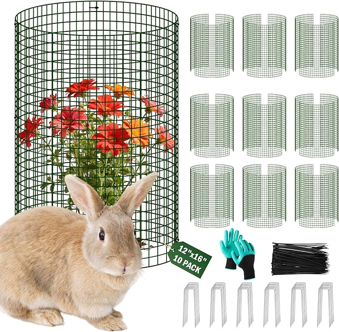 Uyittour 10 Pack Plant Protectors from Animals, 12" x 16" Round Metal Wire Garden Plant Cages to Keep Animals Out, Rabbit Proof Protection for Vegetables & Flowers with Stakes, Zip Ties & Gloves