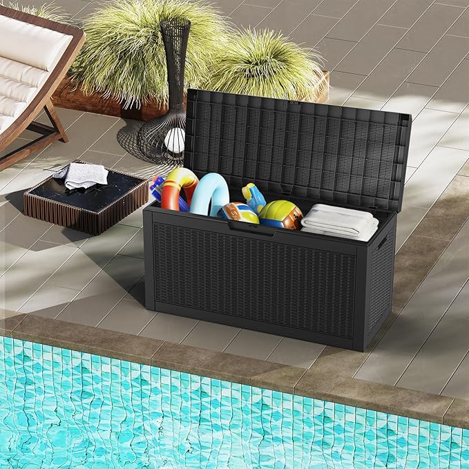 Mars Villa 60 Gallon Outdoor Storage Bench, Deck Box Waterproof Outside Resin Storage Bin for Outdoor Patio Furniture Cushions, Pool Supplies, Garden Tools, UV-Resistant and Weatherproof, Rattan Black