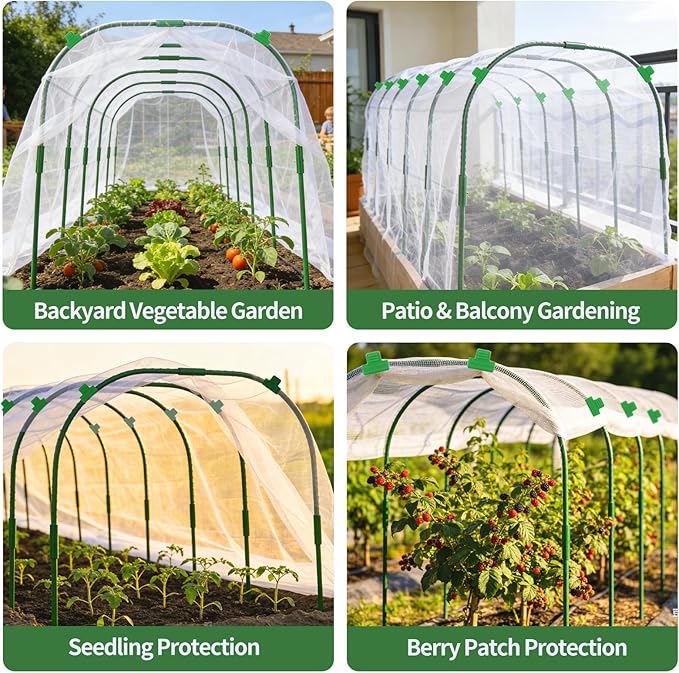 Garden Netting Kit for Raised Bed, 8X20FT Ultra Fine Mesh Netting with 6 Sets Garden Hoops & 18pcs Clips, Reusable Plant Row Cover Bird Netting for Garden Protection