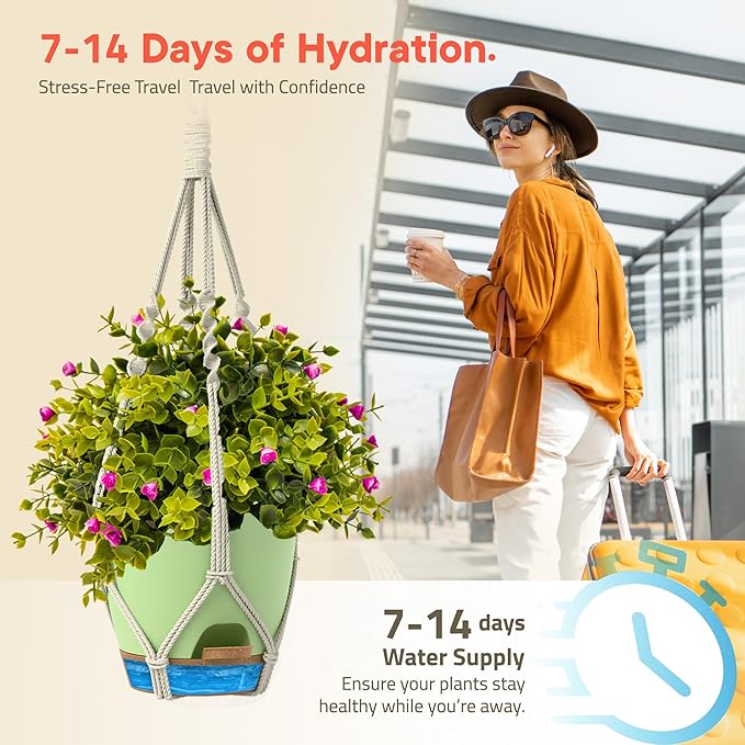 Green Hanging Self Watering Pots with Macrame Ivory Rope, 3 Pack Indoor & Outdoor Hanging Plant Pots with Built-in Reservoir, Wick Rope, Drainage Holes & Hooks, Stylish Boho Decor Hanging Planter