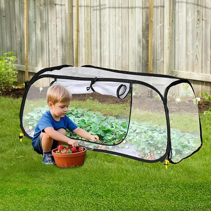 2 Pcs Pop Up Garden Mesh Plant Cover for Raised Beds, 47x20x16 Inch Outdoor Mesh Enclosure with Side Window & 4 Ground Stakes, Protects Fruits, Vegetables, Seedlings & Herbs (2 Pcs (47x20x16 Inch))
