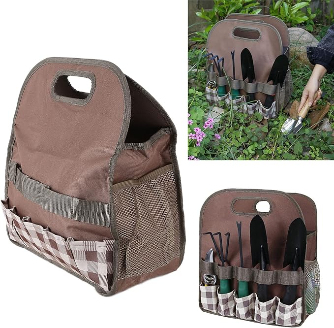 L Garden Tool, Portable Gardeni Sto, Ox Cloth with 5 Slots and Mesh s, Multifunction Handbag for Fertilizers Tools (Coffee Grid)
