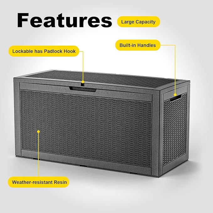 120 Gallon Deck Box,Resin Outdoor Storage Box with Lockable for Patio Furniture, Pool Accessories, Garden Tools Waterproof Outside Storage Box (Black)