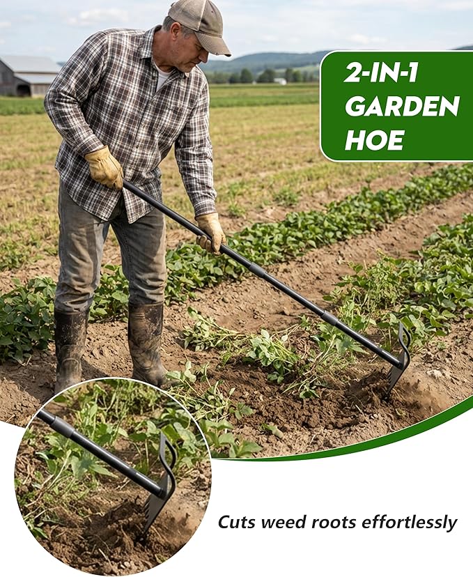 Garden Hoe, 2-in-1 Garden Hoe, 60" Adjustable Handle, Sharp Blade, Efficient Weeding & Tilling Tool for Gardening