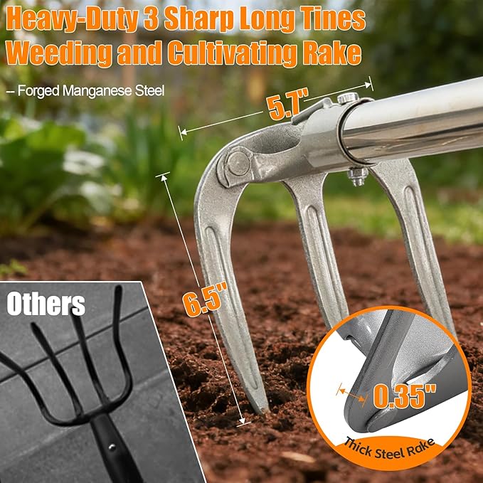 Long Handle Hand Rake Garden Tool, 62" Stand Up Weeding Rake with D-Grip, Heavy Duty 3-Tine Cultivator for Soil Loosening, Digging & Planting, Carbon Steel Tiller for Standing Weeding
