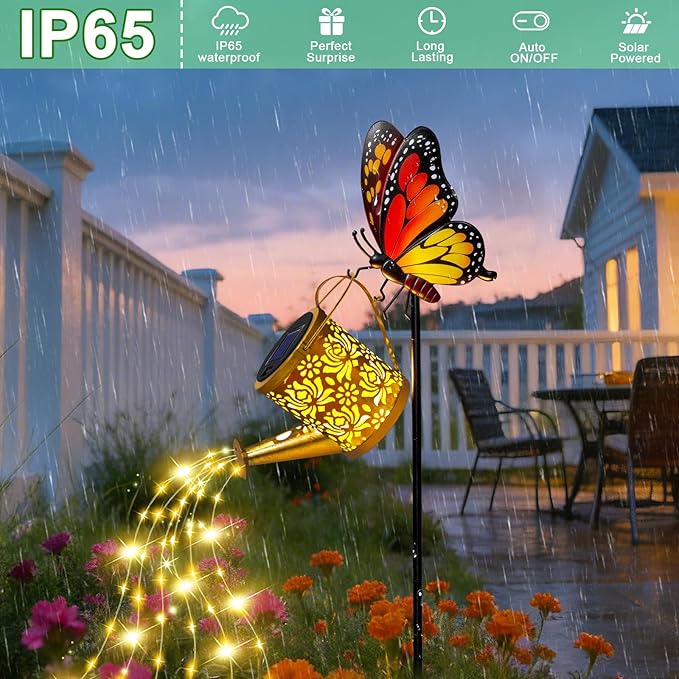 Solar Lights Outdoor Decorative, Watering Can with Cascading LED Lights on Butterfly Shepherd's Hook, Solar Garden Stake Decor for Yard, Mothers Day Gift for Women Mom