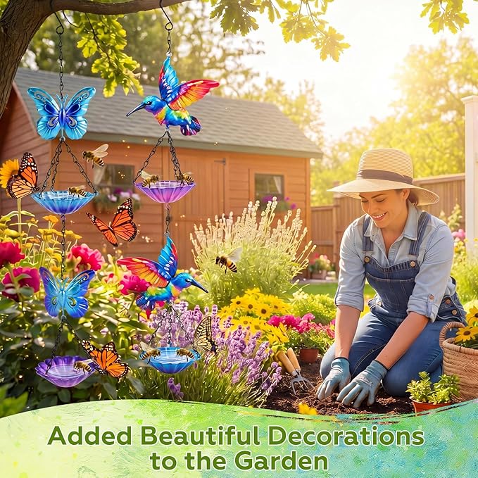 Tandefio 2 Pack Hanging Bee Watering Station, Butterfly Feeder, Flower Shaped Bowl Bee Metal Cups for Outdoor Garden Yard Decor, Pollinator Feeding Station 19.6 Inch (Butterfly & Hummingbird Style)