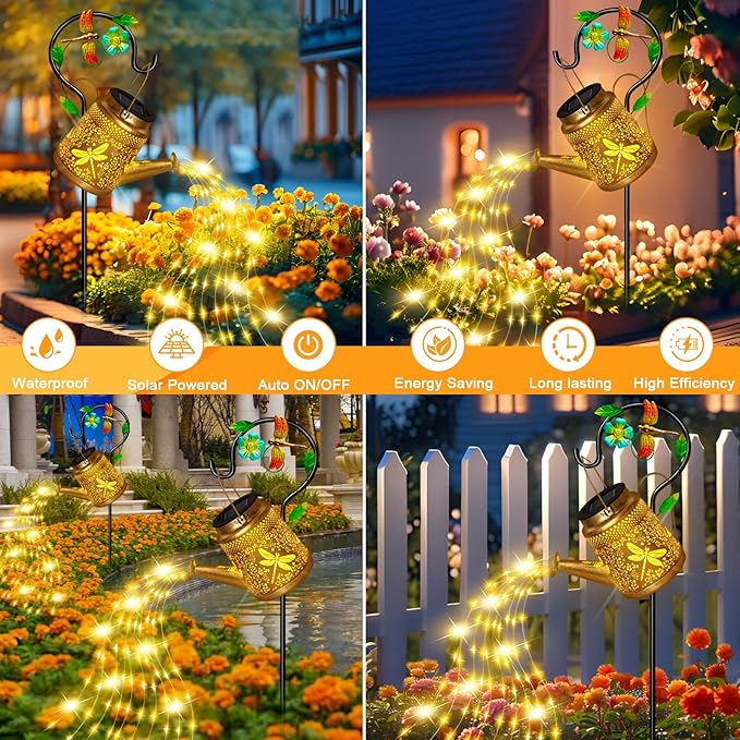 Solar Lanterns Dragonfly Outdoor Garden Decor, Mothers Day Gifts for Women Mom Grandma Birthday, Large Frog Hanging Watering Can with Shepherd Hook, Waterproof Garden Lights for Outdoor Yard
