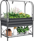 Outsunny Raised Garden Bed with Cover and Storage Shelf, Rectangular Metal Elevated Planter Box with Legs and Bed Liner for Vegetables, Flowers, Herbs, Dark Gray