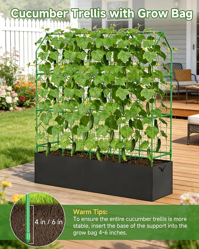 Cucumber Trellis with Grow Bag for Raised Bed, A-Shape Garden Trellis for Climbing Plants Outdoor, Metal Plant Trellis with Garden Netting for Flower Vegetables, Pea, Grape (67 * 17 * 65inch(L*W*H)