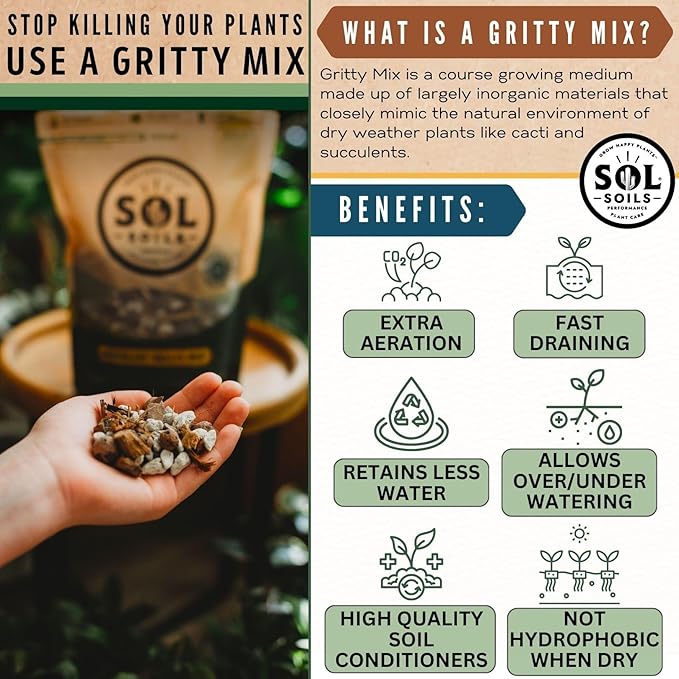Sol Soils Succulent Gritty Mix - Fast Draining Peat Moss Free Succulent Soil Potting Mix with Coconut Husk Chips, Perlite & Pumice - 1 Quart