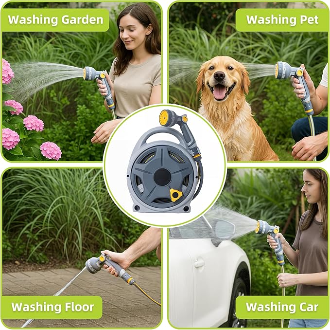 Retractable Garden Hose Reel, 1/2"x 50FT Heavy Duty Hose with 10 Spray Patterns - Leakproof, Durable & Compact Design for Garden Watering, Car Washing, Pet