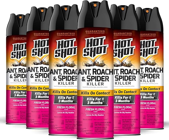 Hot Shot Ant, Roach and Spider Killer 17.5 Ounces, Aerosol Spray, Fresh Floral Scent, 6 Pack