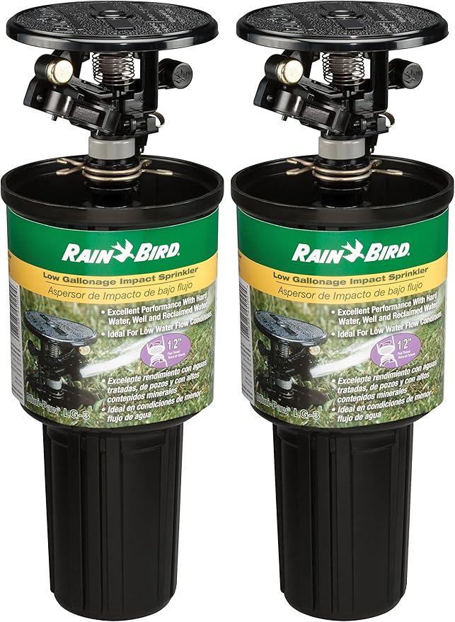 Rain Bird LG-3 Low Gallonage Pop-up Impact Lawn Sprinkler, Adjustable 20° - 360° Pattern, 26' - 41' Spray Distance, Black (Pack of 2)