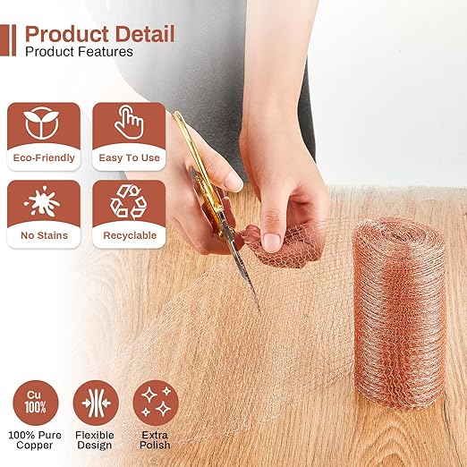 Gisafai 8'' x 150 ft Copper Mesh Rodent Control Copper Wool for Slugs Rustproof DIY Hole Filler Pure Wire Mesh for Bat Snail Bird Pest Rodent Control Gap Blocker Fill Fabric Hole Gardening(1 Roll)