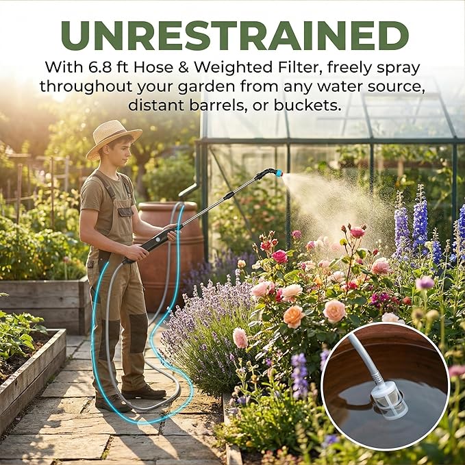 Rechargeable Cordless High Reach Plant Waterer - with Telescopic Wand Plant (25.6–33.4 in), Watering Can Hanging Plants Baskets, 2 Adjustable Nozzles and 8.6ft Water, Hose for Yard Lawn Weeds Plants