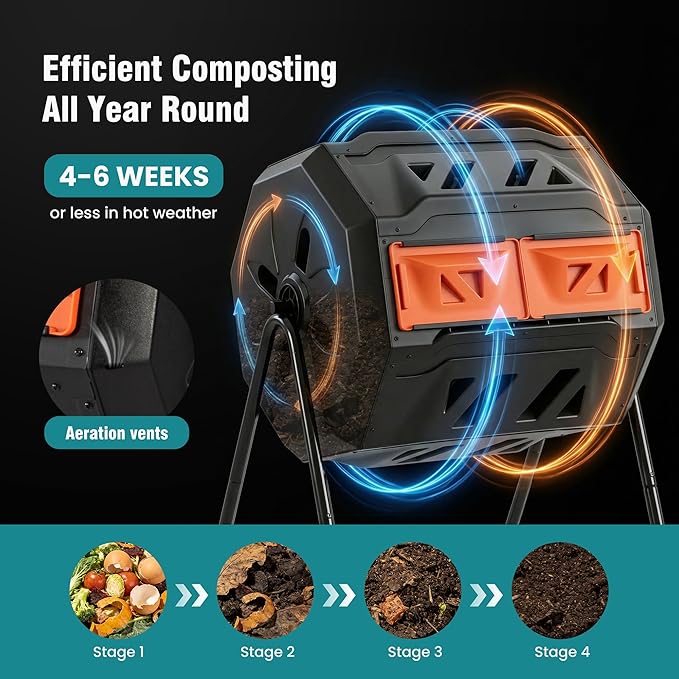 OLIXIS Compost Bin Outdoor 43 Gallon, Dual Chamber Composter Tumbler Outdoor with Gloves, Efficient 360°Rotating Composting Bin for Patio, Lawn, Home Gardening and Landscape, Black and Orange