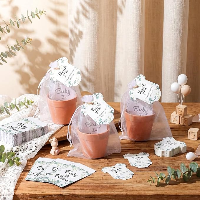 Ctosree 50 Sets Eucalyptus Leaf Baby in Bloom Baby Shower Seed Packets Favors for Guests Include Self Adhesive Seed Packets (No Seeds) Clay Plastic Flowerpot Thank You Tags Hemp Rope Organza Gift Bags