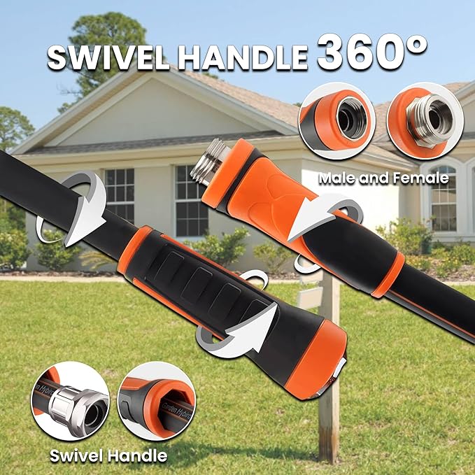 Giraffe Tools Garden Hose 100ft x 5/8", Water Hose Heavy Duty, Flexible with Watering Timer Nozzle and Yard Sprinkler, Lightweight Hybrid Hose with Swivel Handle, Male to Female Fittings