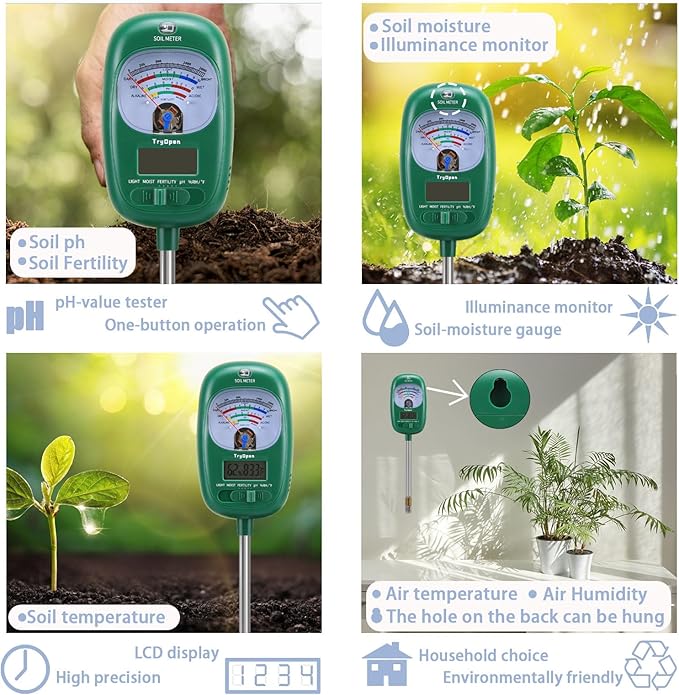 7-in-one Soil Test Kit, Soil Moisture Meter/PH Meter/Sunlight Intensity/Fertility Soil Tester, LCD Display Air & Soil Hygrometer Temperature for Garden, Farm, Lawn Care Moisture Meter for Hous Plants