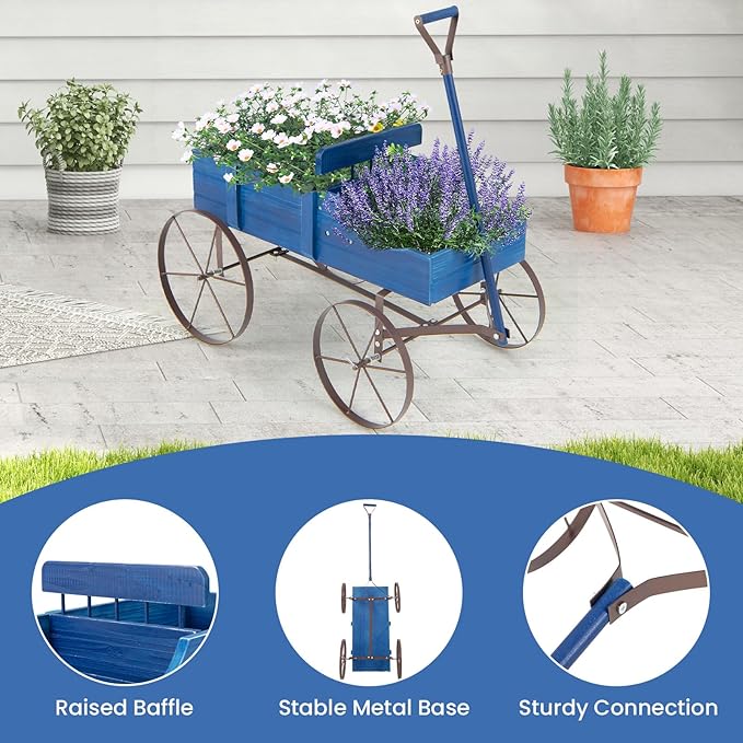 Goplus Wagon Planter, Decorative Wooden Garden Planter with Wheels, 2 Planting Sections and Adjustable Handle, Indoor Outdoor Backyard Balcony Decor (Blue)
