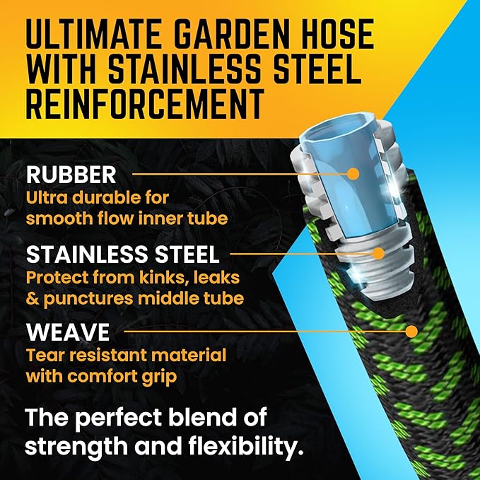PowerFlow Garden Hose, NON-EXPANDABLE 50 Feet Premium Quality Stainless Steel Metal Water Hose with Durable Fabric Skin, Hose For Commercial, Residential Use, Bonus 10-way Spray Nozzle (50 Ft, Green)