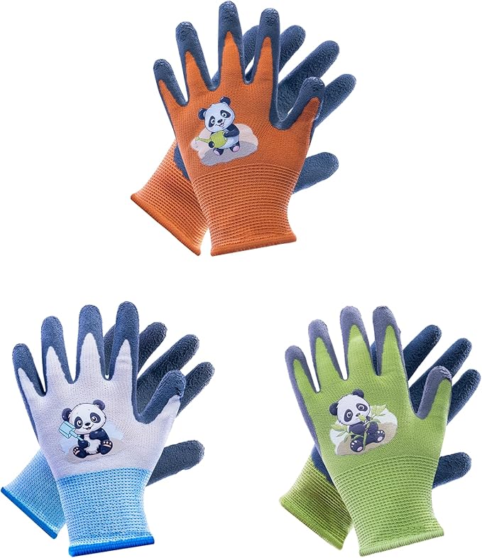 Mr. Panda 3 Pairs Skin-Friendly kids gardening gloves for Age 5-7, Rubber Coated childrens garden gloves, toddler work gloves, XXS