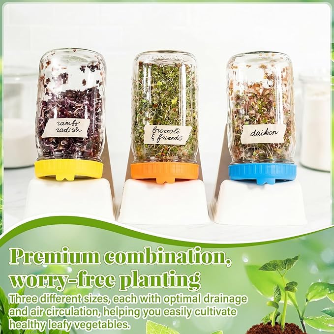 3 Set Sprouting Growing Lids for Wide Mouth Mason Jars,Sprouting Lids with 3 different orifice sizes,Alfalfa & Mung Bean Sprouts Grow Kit,L,M,S Strainer mesh(Plastic,Classic)