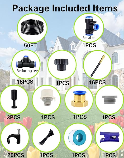 Drip Irrigation System, 360 Adjustable Mist Sprayer Nozzle, High Volume Water Flow Rotating Sprinkler Head for Garden,Patio,Potted Plants,Easy Install, Fine Misting to Jet Spray (50FT+16Nozzles)