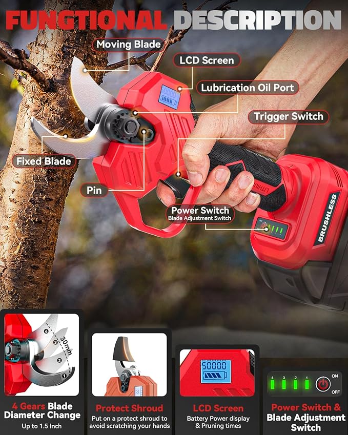 Cordless Electric Pruning Shears Compatible with Milwaukee 18V Battery, 0.8-2-Inch Cordless Portable Pole Pruner with LCD Display & Imported SK7 Steel Blades for Gardening Shears(Tool Only)