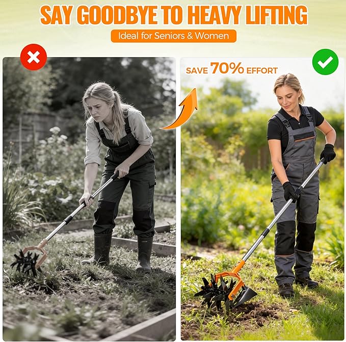 Pankay Rotary Hand Tiller for Gardening, Garden Cultivator Tool with Tilling Blade, 63’’ Adjustable Stainless Steel Poles Cultivators for Gardening, Lawn Care, Reseeding Grass, Soil Mixing