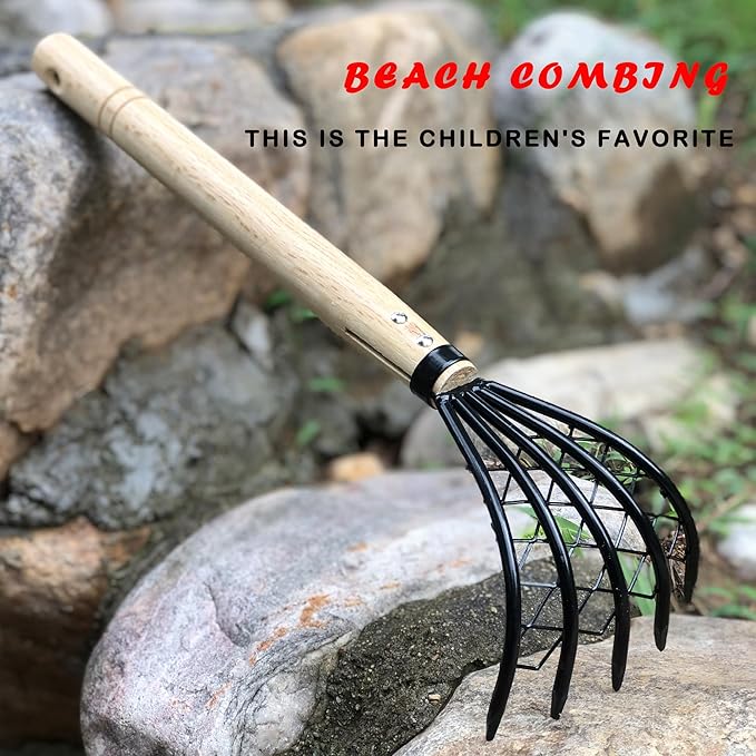 Garden Rake 5-Claw Landscape Dethatcher Thatching Beach Combing Rake for Digging Clam Shell Defoliation Hoe Garden Tool for Loosen The Soil (Orange)