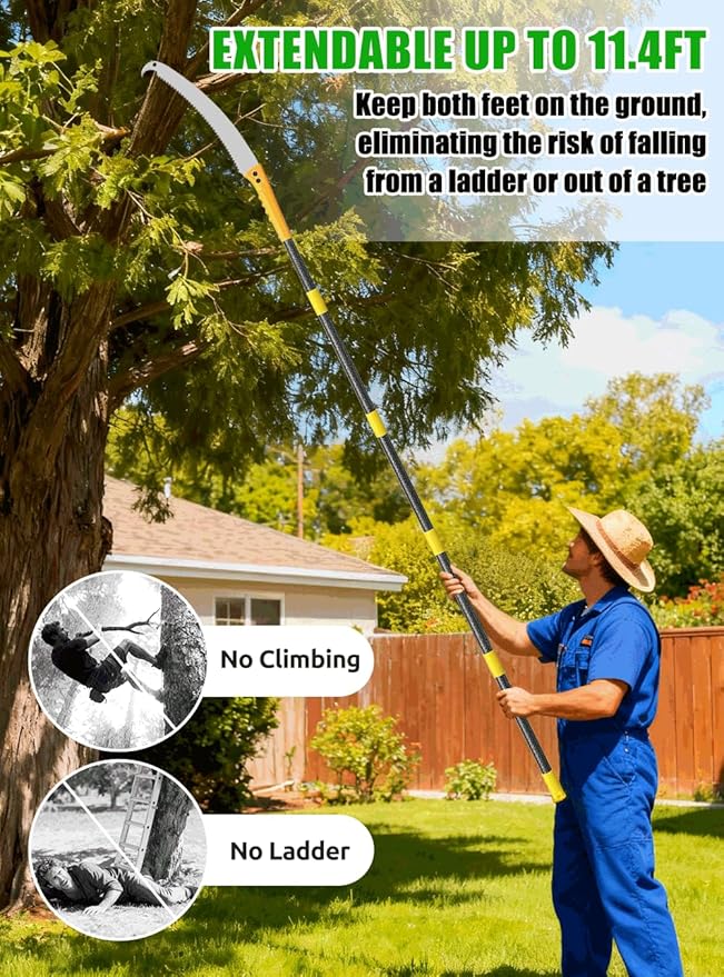 11.4FT Pole Saws for Tree Trimming: 2-in-1 Pole Saw With with Adjustable Length & Steel Blade Lightweight Manual Pruning Tool for Forestry Yard Garden Patio