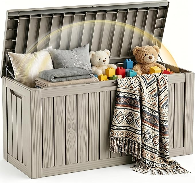 EFU Outdoor Storage Box 100 Gallon Deck Box (Indoor & Outdoor) Lockable UV Resistance Waterproof Resin Storage Bin Storage Box for Outdoor,Patio Storage With Support Rod(Taupe)