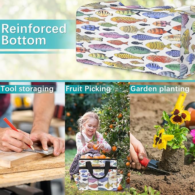 Fishes Garden Tool Bag Waterproof Gardening Tool Storage Bag with Handle & 10 Pockets Gardening Tote Bag for Women Garden Tool Organizer