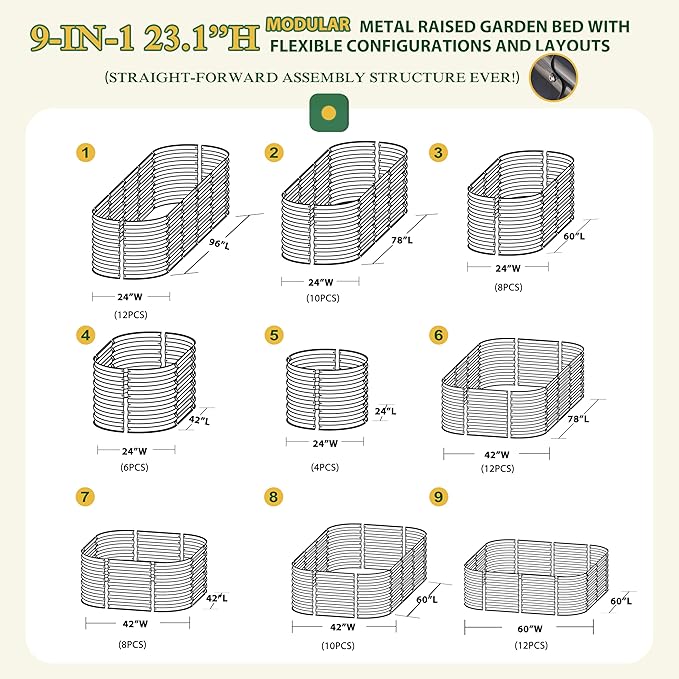 VEIKOU 8x2x2 ft Galvanized Raised Garden Bed, 23.1" Tall 9 in 1 Modular Planter Box, Outdoor Raised Garden Bed for Vegetable Flower Herb, Grey