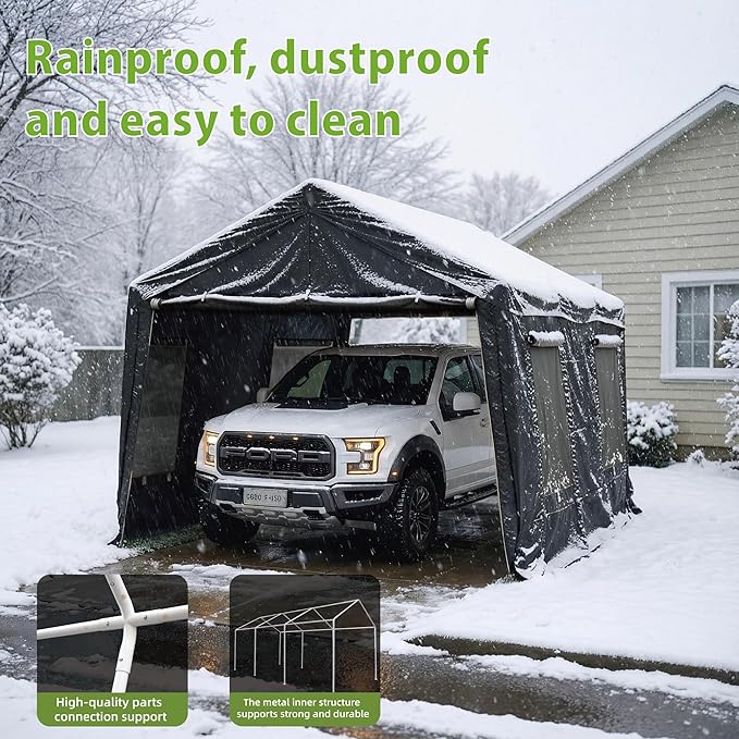 Car Ports, 10X20 Ft Heavy-Duty Carports with Roll-Up Windows, Portable Garages with Removable Side Walls and Doors, Trucks and Cars with All-Season Waterproof Pe Tarps