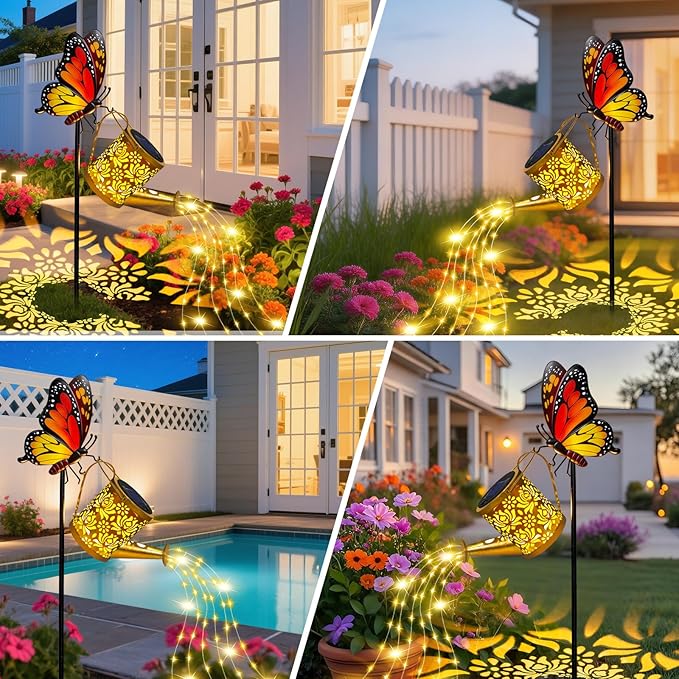 Solar Lights Garden Decor, Mothers Day Gifts, Waterproof Solar Watering Can with Butterfly Garden Stakes, Outdoor Light with Cascading Lights for Outside Patio Porch, Birthday Gift for Women 2 Pack