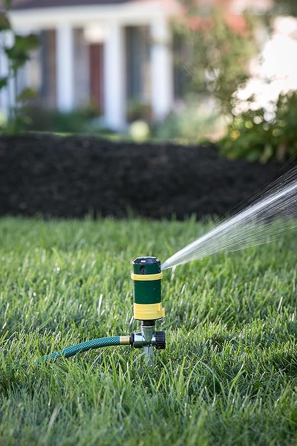 Melnor 65404AMZ Turbo Rotary Sprinkler on Step Spike, 4-Pattern, QuickConnect Product Adapter, Green, Yellow
