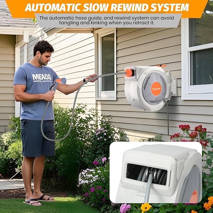 Retractable Garden Hose Reel, 5/8 in x 65 ft Wall Mounted Water Hose Reel with 9 Function Sprayer Nozzle, Any-Length Lock, Automatic Slow Rewind System, 180° Swivel Bracket for Yard, Garden, Outdoor