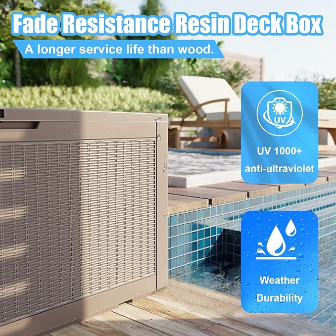320 Gallon Large Resin Deck Box, Lockable Outdoor Storage Box for Patio Cushions Storage Furniture,Garden Tools, Pool Supplies, Weatherproof and UV Resistant (Grey)