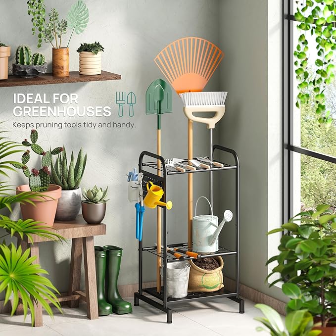 viewcare Garden Tool Organizer, Garden Tool Rack and Storage, Up to 35 Long-Handled Tools/Rakes/Brooms, Heavy Duty Steel Stand for Yard, Shed, Outdoor, Black