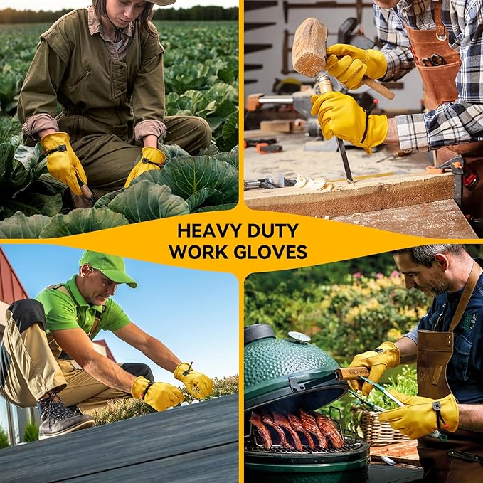 OZERO Leather Work Gloves for Men: Large 1 Pair Cowhide Working Gloves for Driving Heavy Duty Mechanic Ranch - Women Gardening Glove