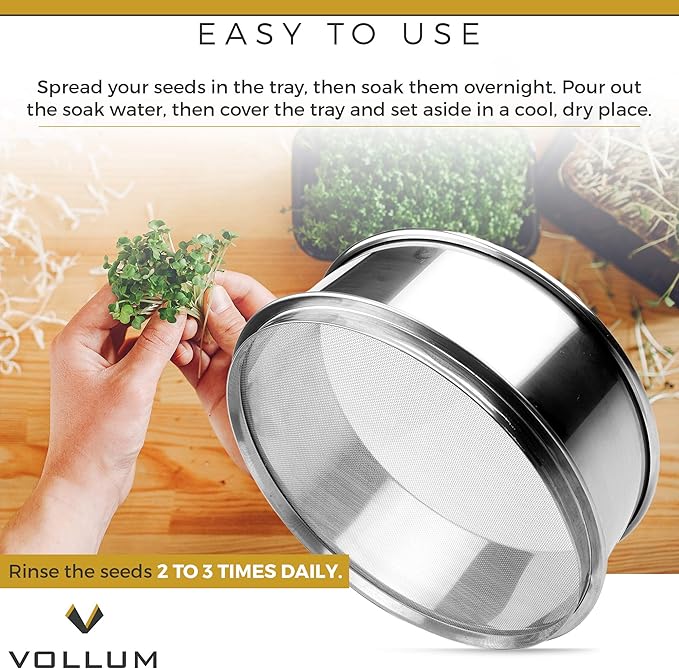 Vollum Stainless Steel Seed Sprouting Tray | 8 Inch Sprout Growing Kit | Growing Fresh Wheat Grass, Organic Broccoli Sprouts, Alfalfa Seeds, Mung Beans, Fenugreek | Plant Germination Kits