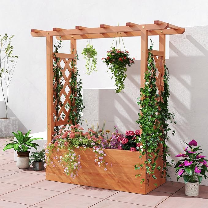 HAPPYGRILL Raised Garden Bed with Trellis, Wooden Elevated Planter Box w/Hanging Roof, Drainage Holes & Removable Bottom Panels for Climbing Vine Flower, Indoor Outdoor Wood Planter for Yard Patio