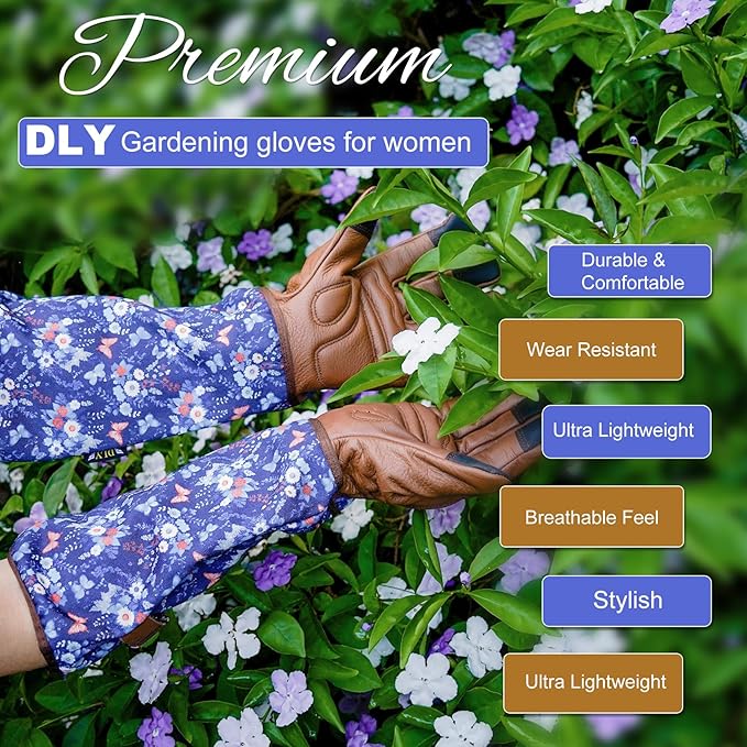 DLY Gardening Gloves for Women, Rose Gloves Thorn Proof, Long Garden Gloves for Women, Breathable Cowhide (Small, Brown)