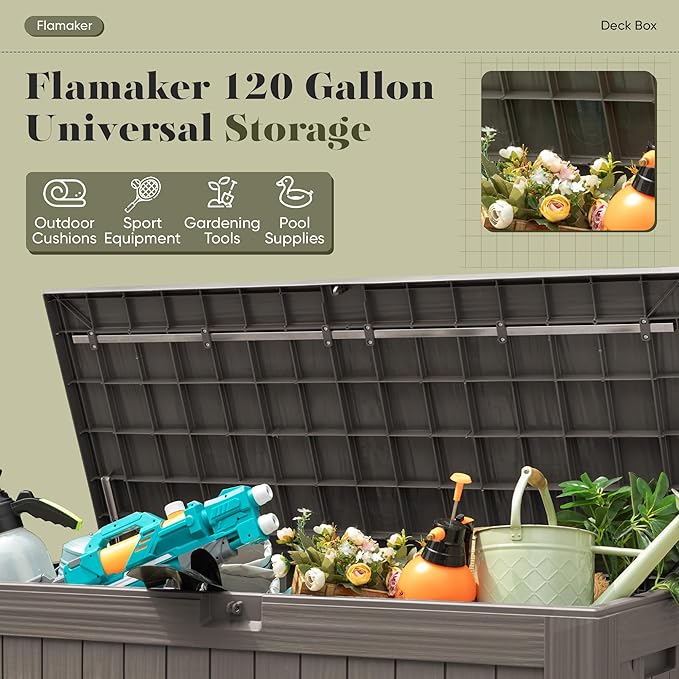 Flamaker Resin Deck Box 120 Gallon Waterproof Large Outdoor Indoor Storage Box Imitation Wood Resin for Patio Furniture Garden Tools and Pool (Deep Brown)